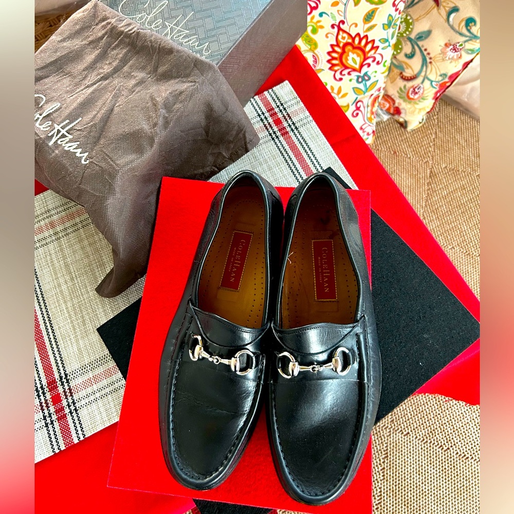 COLE HAAN Italian Black Leather Loafers with Silver Horsebit Detailing.